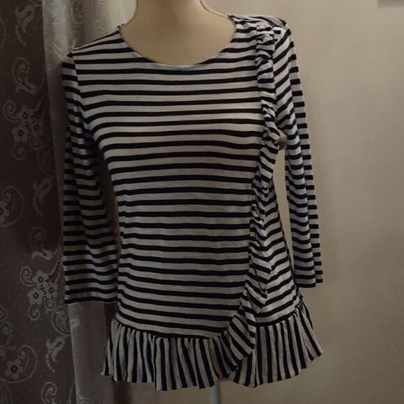 J. Crew Women's Size S Top‎ Nautical Navy White Striped Ruffled 3/4 Sleeve - Picture 1 of 9